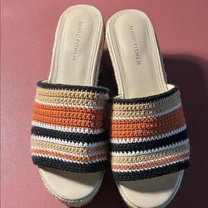 💁‍♀️WOMENS Marc Fisher Striped Crochet Slide Sandals in Orange, Black & Cream